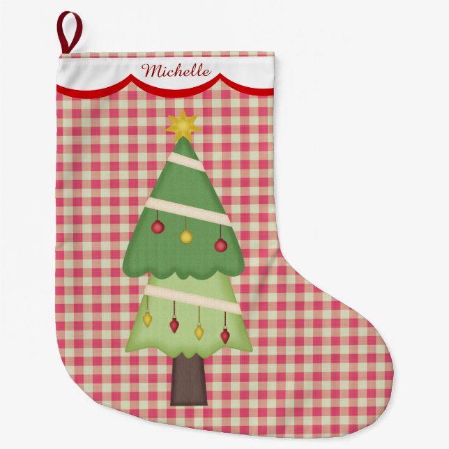 Red Gingham Holiday Tree Personalised Large Christmas Stocking (Front)