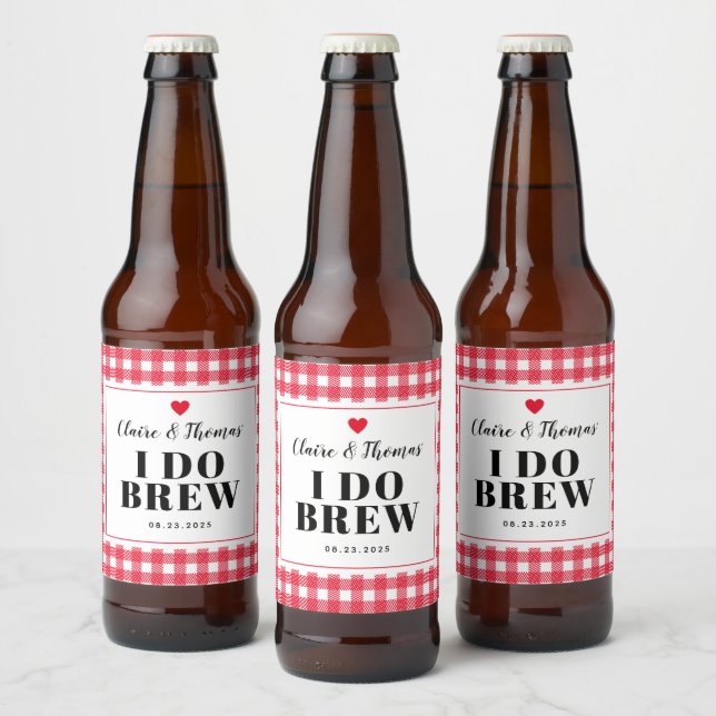 Red Gingham I Do Brew Wedding Party Custom Beer Bottle Label (Bottles)