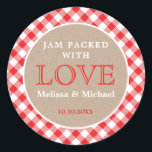 Red Gingham Kraft Jam Packed With Love Wedding   Classic Round Sticker<br><div class="desc">Jam packed with love wedding favour seals with a classic red and white gingham and kraft paper print for jam jelly favours.</div>