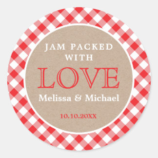 Red Gingham Kraft Jam Packed With Love Wedding Classic Round Sticker