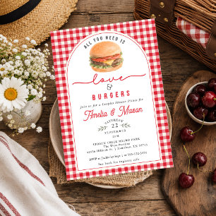 Red Gingham Love & Hamburgers Couple Bridal Shower Invitation