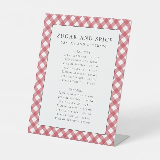Red gingham menu, product list, service list pedestal sign (Front)