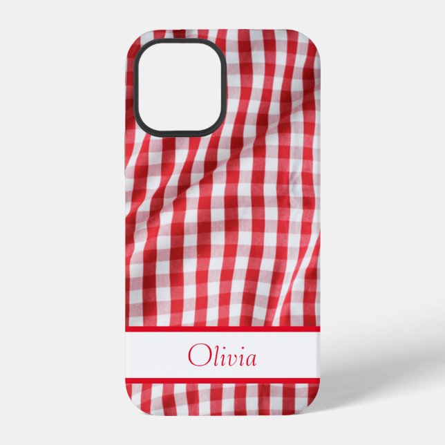 Red Gingham Name Simple Modern iPhone Case (Back)