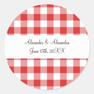 Red gingham pattern wedding favours classic round sticker