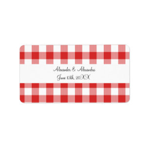 Red gingham pattern wedding favours label