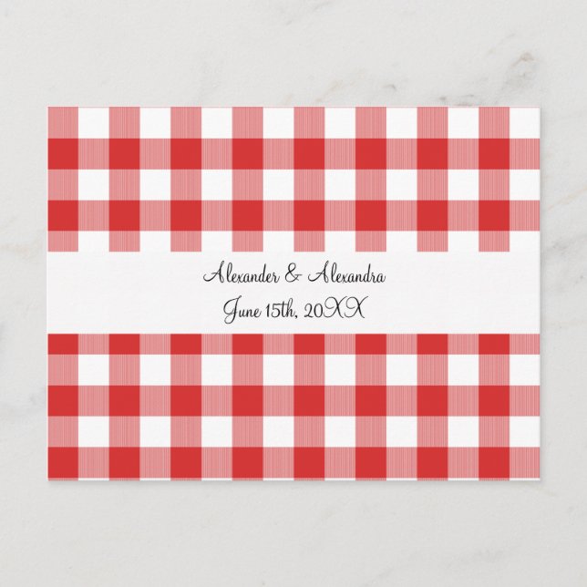 Red gingham pattern wedding favours postcard (Front)