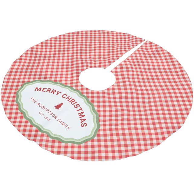 Red Gingham Personalised Merry Christmas Holiday Brushed Polyester Tree Skirt (Angled)