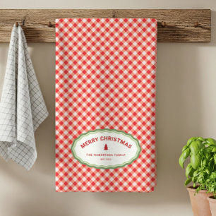 Red Gingham Personalised Merry Christmas Holiday Tea Towel