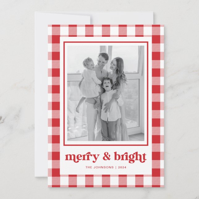 Red Gingham Photo Christmas Card Merry & Bright (Front)