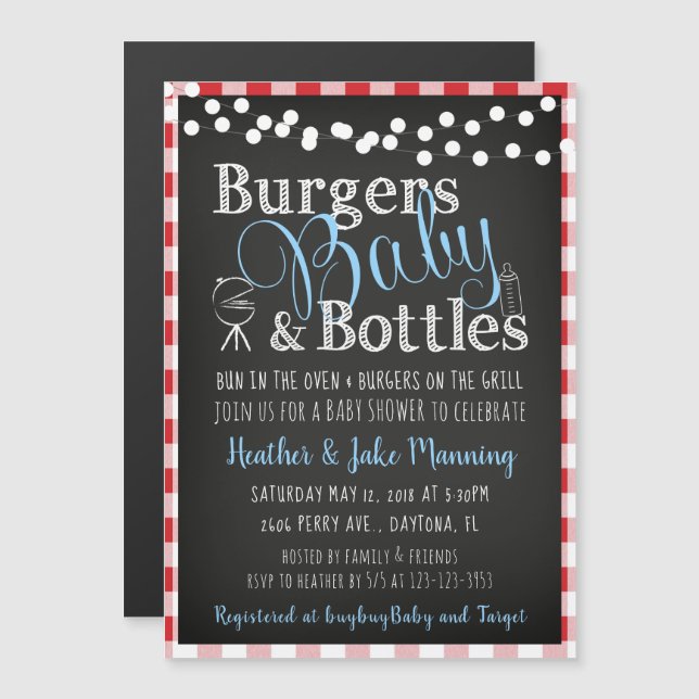 Red Gingham Picnic Babyq BBQ Boy Baby Shower Magnetic Invitation (Front/Back)