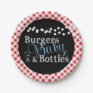 Red Gingham Picnic Babyq BBQ Boy Baby Shower Paper Plate