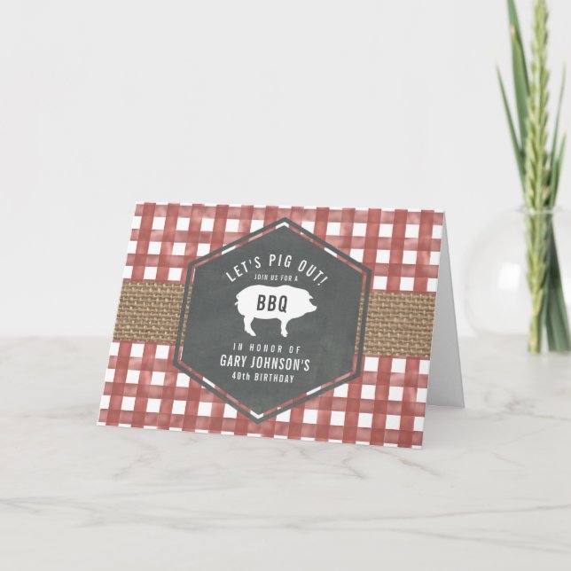 Red Gingham Pig Burlap Birthday Bbq Invitation (Front)