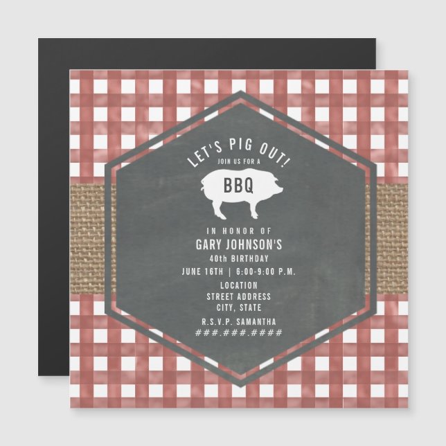 Red Gingham Pig Burlap Birthday Bbq Magnetic Invitation (Front/Back)