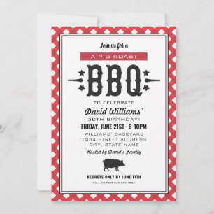 Red Gingham Pig Roast BBQ Birthday Invitation