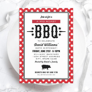 Red Gingham Pig Roast BBQ Birthday Invitation