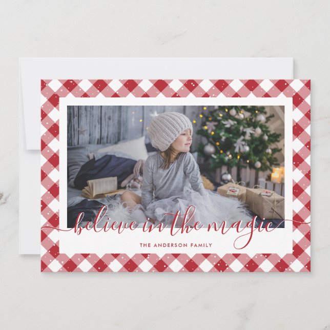 Red Gingham Plaid Believe In the Magic Photo Holiday Card (Front)