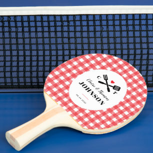 Red Gingham Plaid Grill Monogram Wedding Ping Pong Paddle