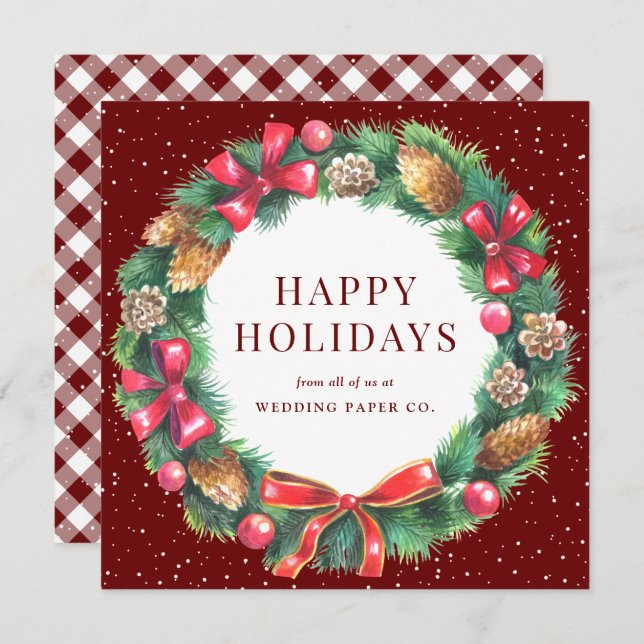 Red Gingham Plaid Holly Berries Wreath Business Holiday Card (Front/Back)
