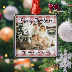 Red Gingham Plaid Merry Christmas Script Photo Metal Tree Decoration