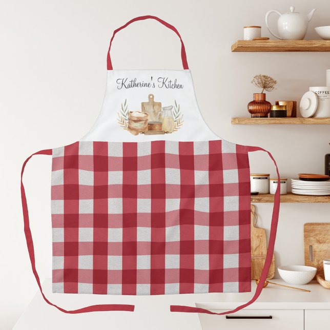 Red Gingham Plaid Pattern Baking Supplies Apron (In situ)