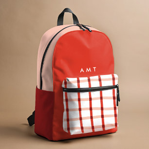Red Gingham Plaid Personalised Name Initials Printed Backpack