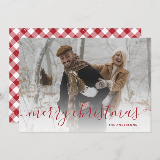 Red Gingham Plaid Photo Merry Christmas Holiday Card (Front/Back)