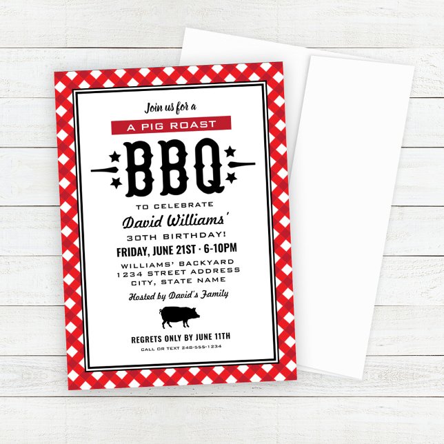 Red Gingham Plaid Pig Roast BBQ Birthday Party Invitation (Creator Uploaded)