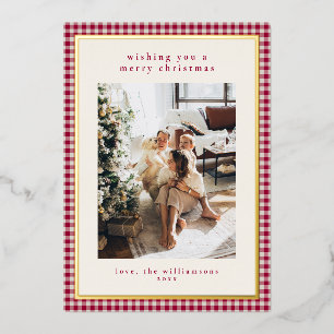 Red Gingham Plaid Portrait Photo Christmas Gold Foil Holiday Card