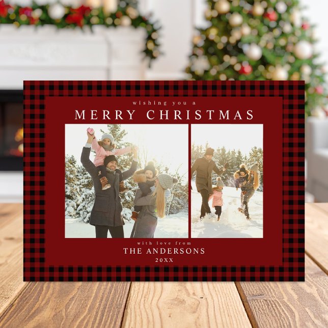 Red Gingham Plaid Two Photo Holiday Card (Creator Uploaded)