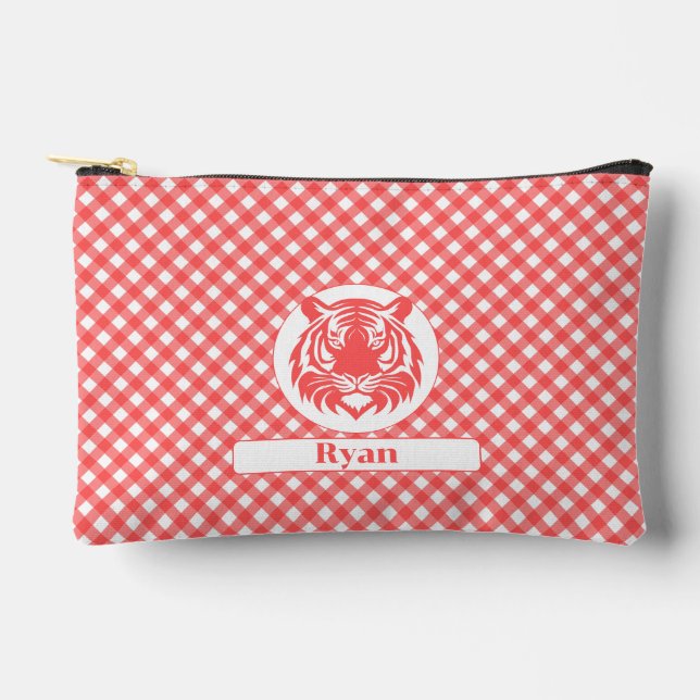Red Gingham Plaid with Red Tiger Head and Name Accessory Pouch (Front)