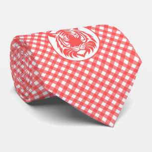 Red Gingham Plaid with Red Tiger Head Tie