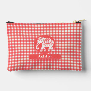 Red Gingham Plaid with White Elephant and Name Accessory Pouch