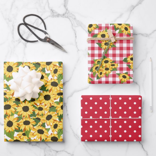 Red Gingham Polka Dots Sunflower Floral Patterns Wrapping Paper Sheet (Front)