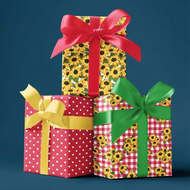Red Gingham Polka Dots Sunflower Floral Patterns Wrapping Paper Sheet (Creator Uploaded)