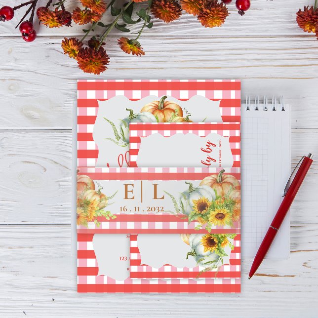 Red Gingham Pumpkins Sunflowers Fall Wedding Invitation Belly Band (Red Gingham Pumpkins Sunflowers Fall Wedding Invitation Belly Band)