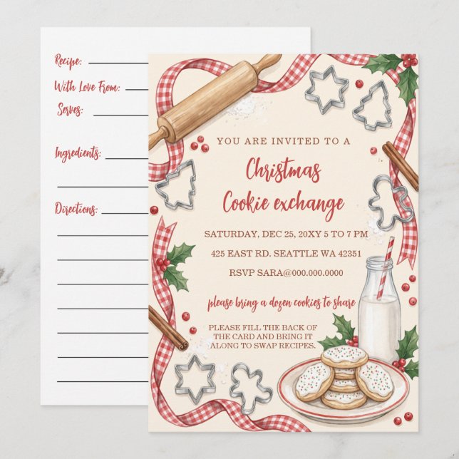 Red Gingham Recipe Card Cookie Exchange Christmas  (Front/Back)