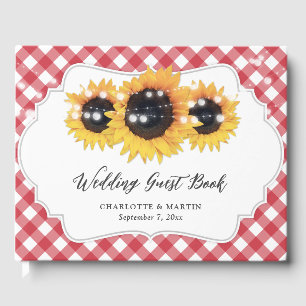 Red Gingham Rustic Sunflower Floral Wedding Guest Book