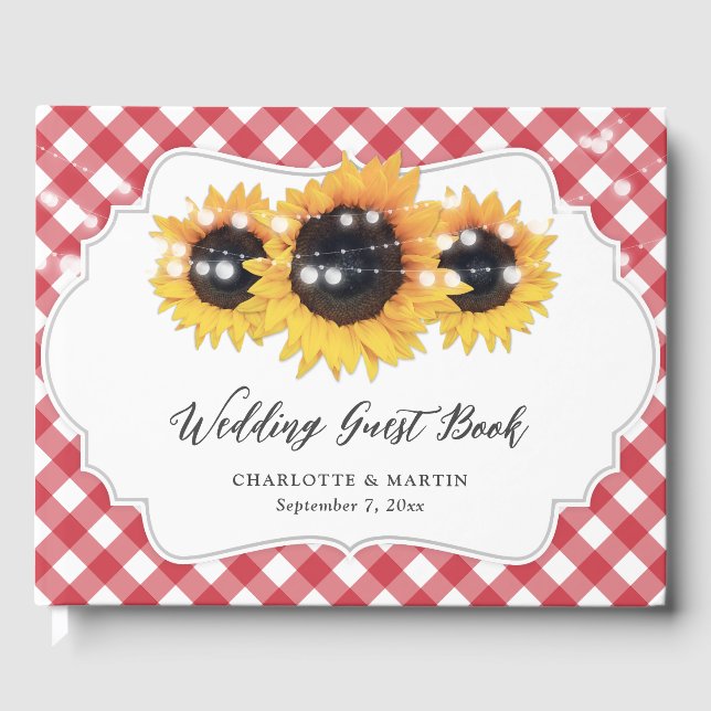 Red Gingham Rustic Sunflower Floral Wedding Guest Book (Front)