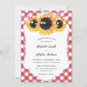 Red Gingham Rustic Sunflower Wedding Invitation
