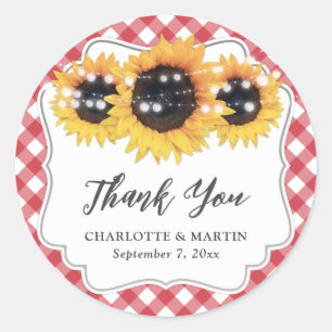 Red Gingham Rustic Sunflower Wedding Thank You Classic Round Sticker