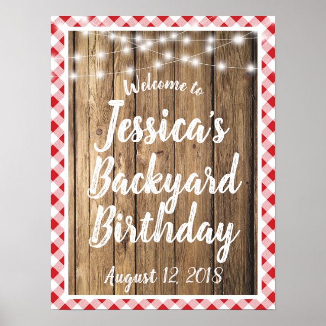 Red Gingham Rustic Wood Backyard BBQ Birthday Sign (Front)