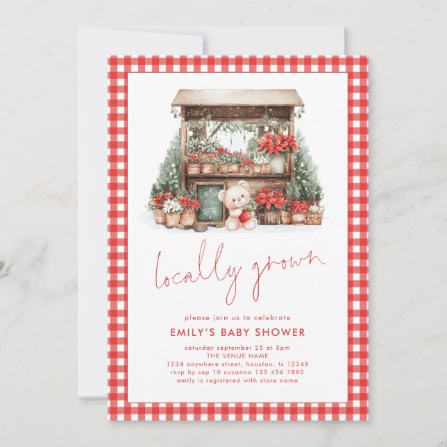 Red Gingham Script Locally Grown Xmas Baby Shower  Invitation (Front)