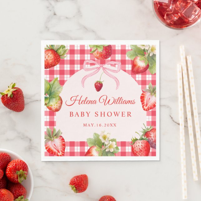 Red Gingham Strawberry Baby Shower Paper Napkin (Insitu)