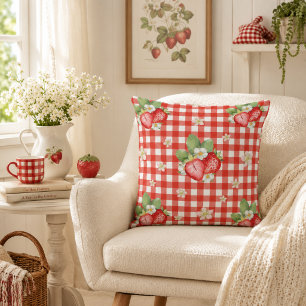 Red Gingham Strawberry Cottagecore Farmhouse Cushion