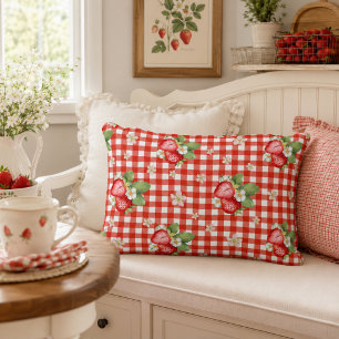 Red Gingham Strawberry Cottagecore Farmhouse Decorative Cushion