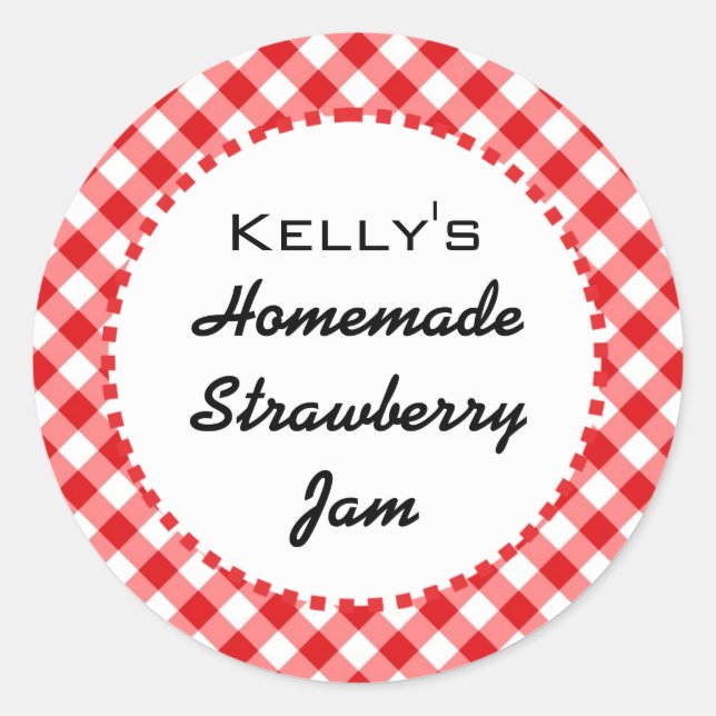 Red gingham strawberry jam label (Front)