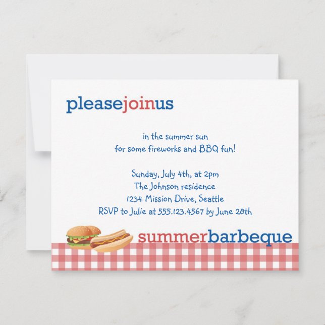 Red gingham summer barbeque July 4th celebration Invitation (Front)