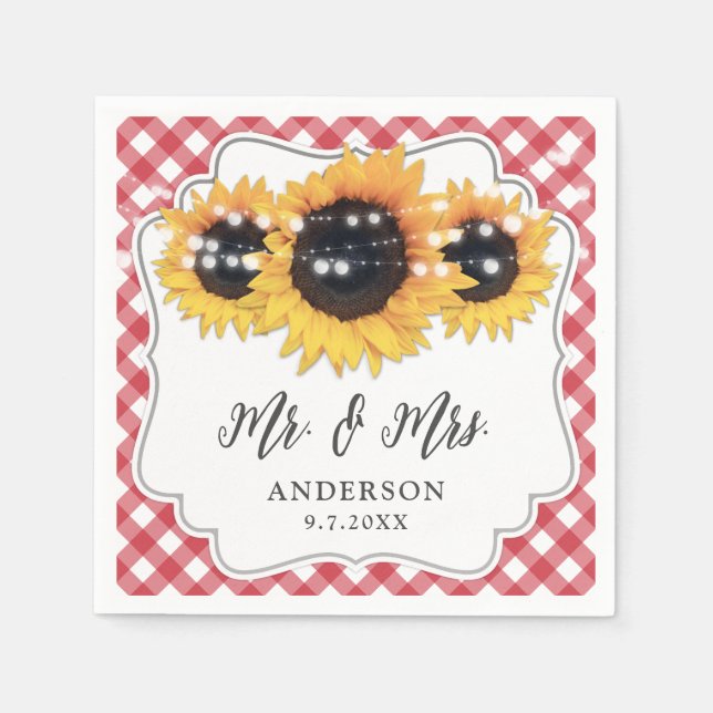 Red Gingham Sunflower Floral Mr. and Mrs. Wedding Napkin (Front)