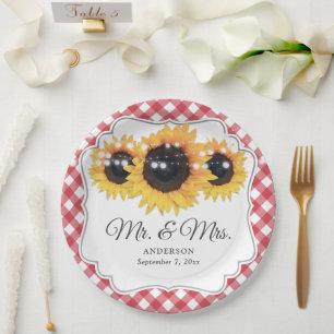 Red Gingham Sunflower Mr and Mrs Wedding Paper Plate