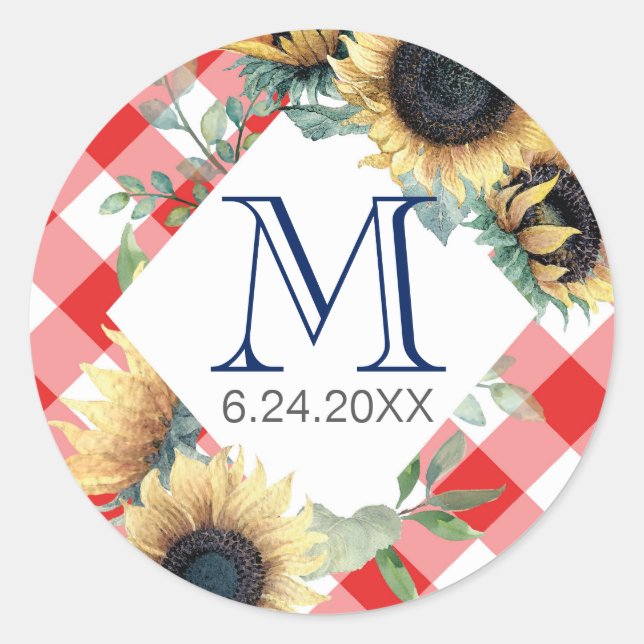 Red Gingham Sunflower Thank You Classic Round Sticker (Front)
